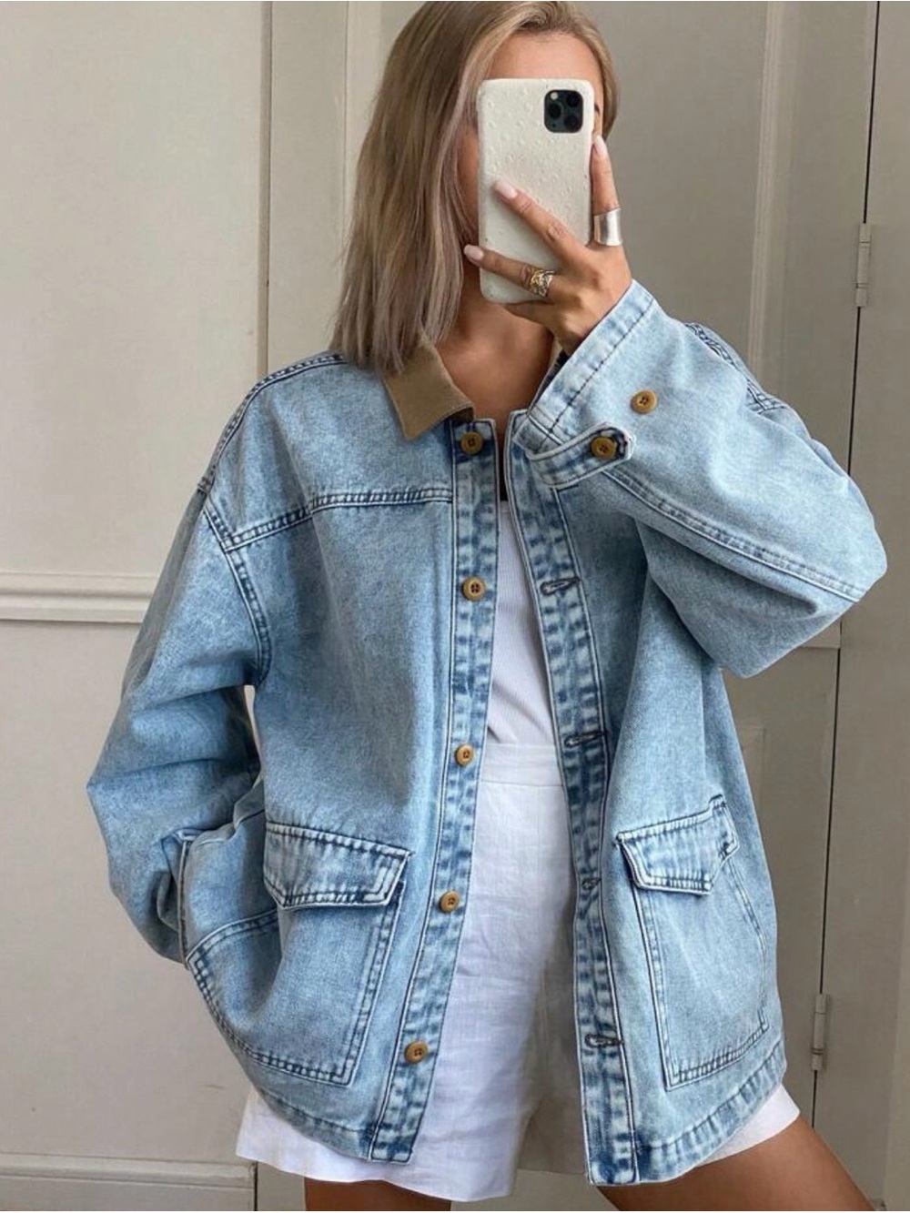 Light Wash Denim Jacket with Tan Corduroy Collar - Women